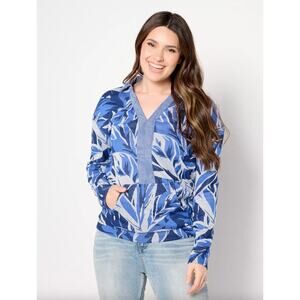 ZUDA Women's Blue White Palm Jacquard Knit Pullover V Neck Collared Top Size XL